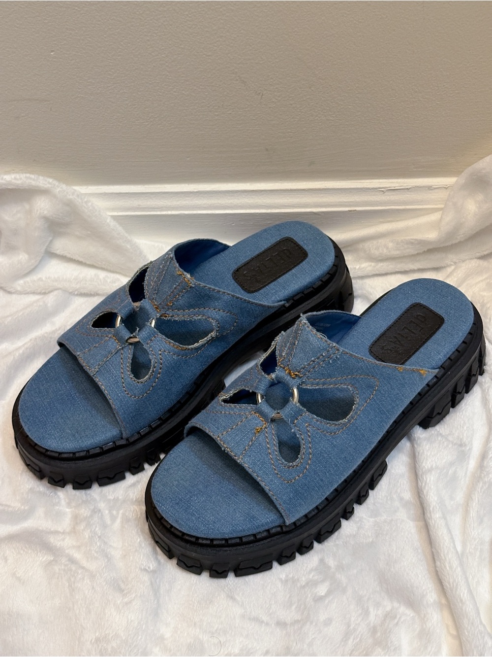 dELIA*s by Dolls Kill Feeling Good Platform Slides Blue Denim Butterfly Sandals